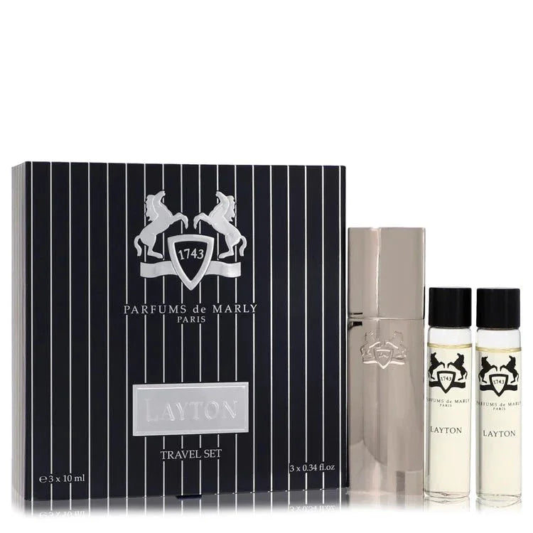 Layton Parfums de Marly travel set, striped box, two perfume vials, and metallic case