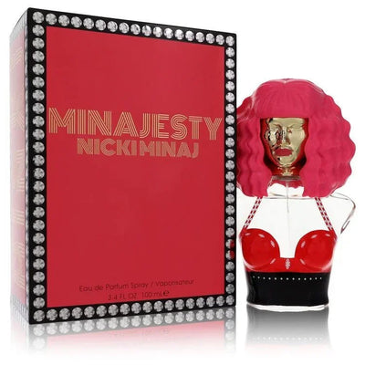 Nicki Minaj Minajesty Perfume bottle — fruity floral women’s Eau de Parfum with red berries, lemon, peach, magnolia, frangipani, orchid, tonka bean, vanilla, and musk