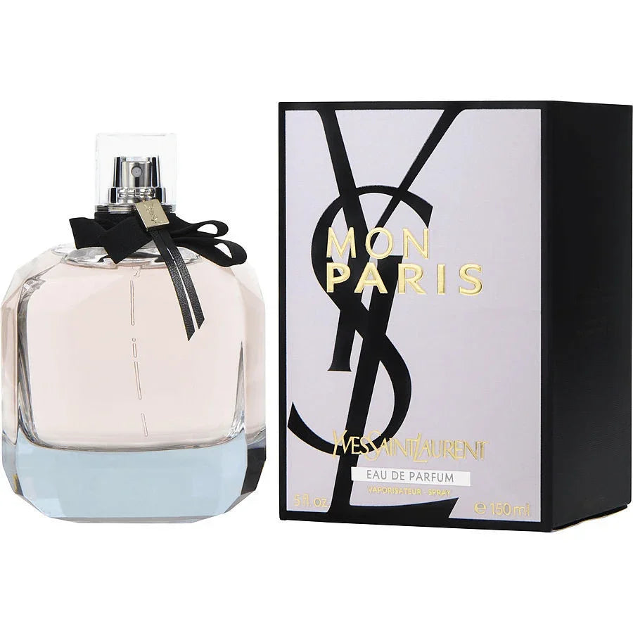 Mon Paris perfume bottle and box, clear glass with black bow, luxury fragrance 150ml