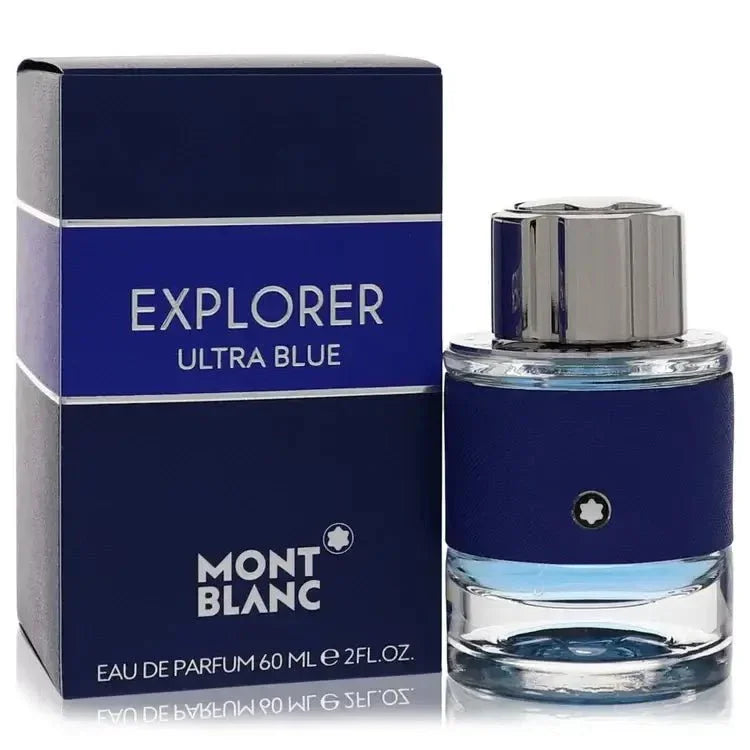 Montblanc Explorer Ultra Blue Cologne bottle with marine accord, bergamot, pink pepper, vetiver, clary sage, orris, ambroxan, sandalwood, and musk