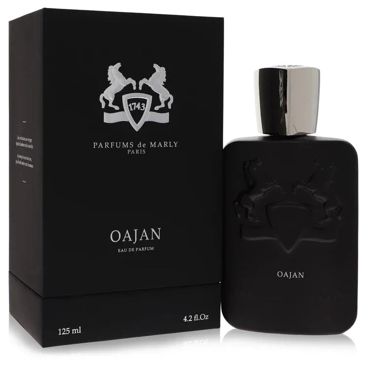 Parfums de Marly Oajan Cologne bottle, rich amber fragrance with honey, cinnamon, osmanthus, amber, labdanum, benzoin, vanilla, tonka bean, patchouli, and davana