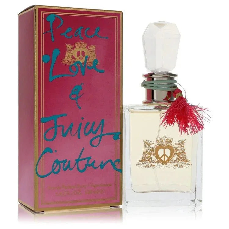 Juicy Couture Peace Love & Juicy Couture Eau de Parfum bottle with charm bracelet — floral fruity EDP with hyacinth, Sambac jasmine, Malibu poppy and iris