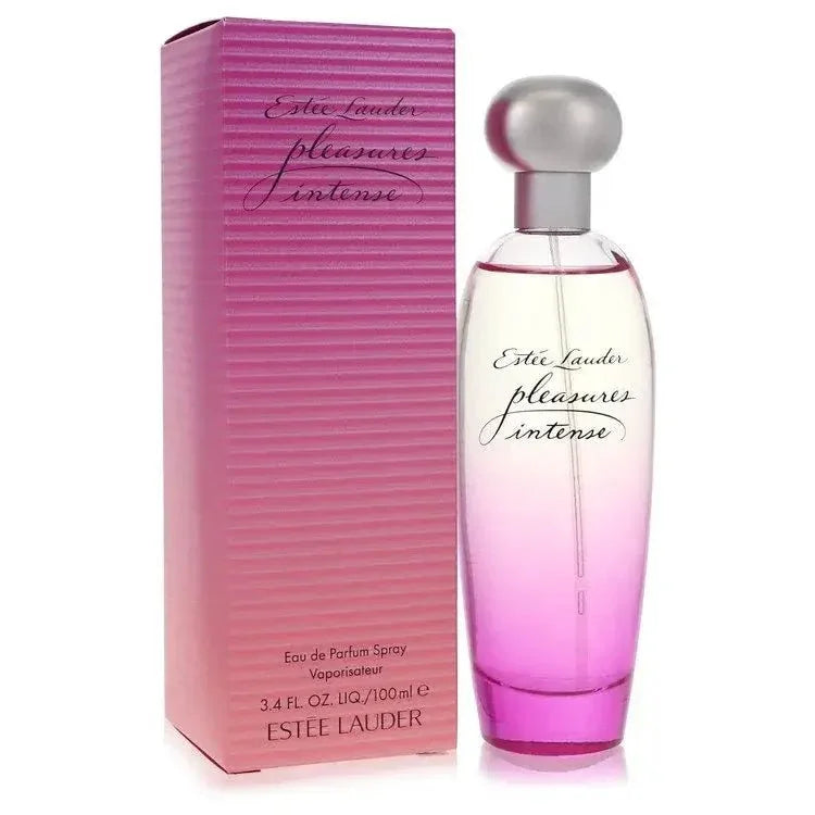 Estee Lauder Pleasures Intense perfume bottle and box in pink gradient design