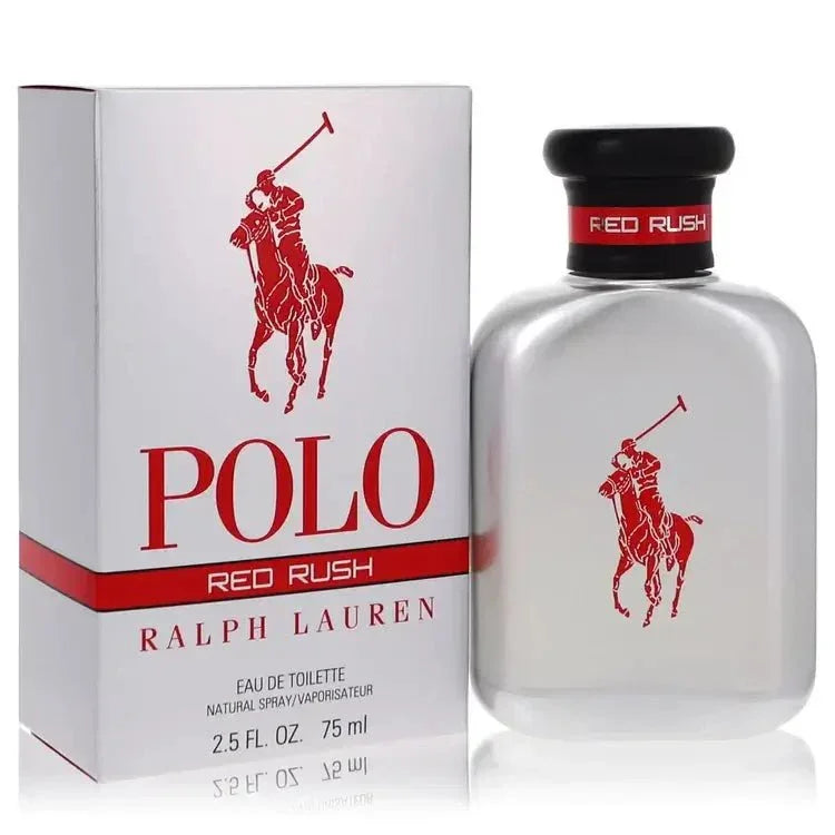 Ralph Lauren Polo Red Rush Cologne signature luxury translucent flacon with vibrant silver spray details, showcasing its brand insignia and premium design lines against a clean background