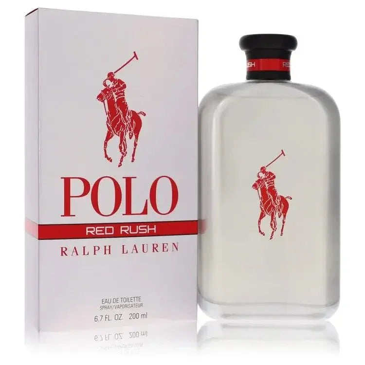Ralph Lauren Polo Red Rush Cologne signature luxury translucent flacon with vibrant silver spray details, showcasing its brand insignia and premium design lines against a clean background