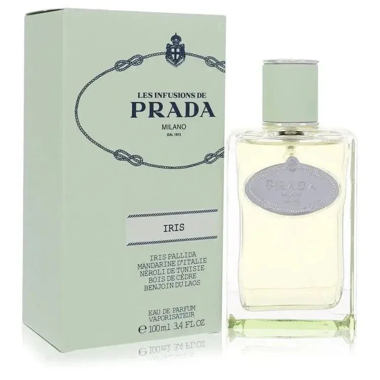 Prada Infusion d'Iris Eau de Parfum apothecary bottle — floral woody EDP with African orange flower, iris, galbanum, mastic and benzoin