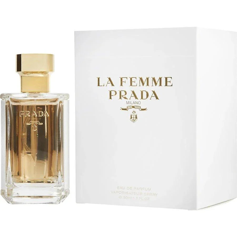 La Femme Prada perfume bottle and white box with gold lettering for women