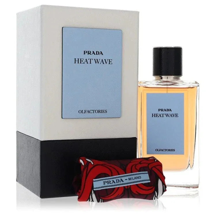 Prada Olfactories Heat Wave luxury perfume bottle — exhilarating citrus floral woody fragrance featuring bergamot, lemon, mandarin, jasmine, orange blossom, ginger, cedar, sandalwood, and amber notes