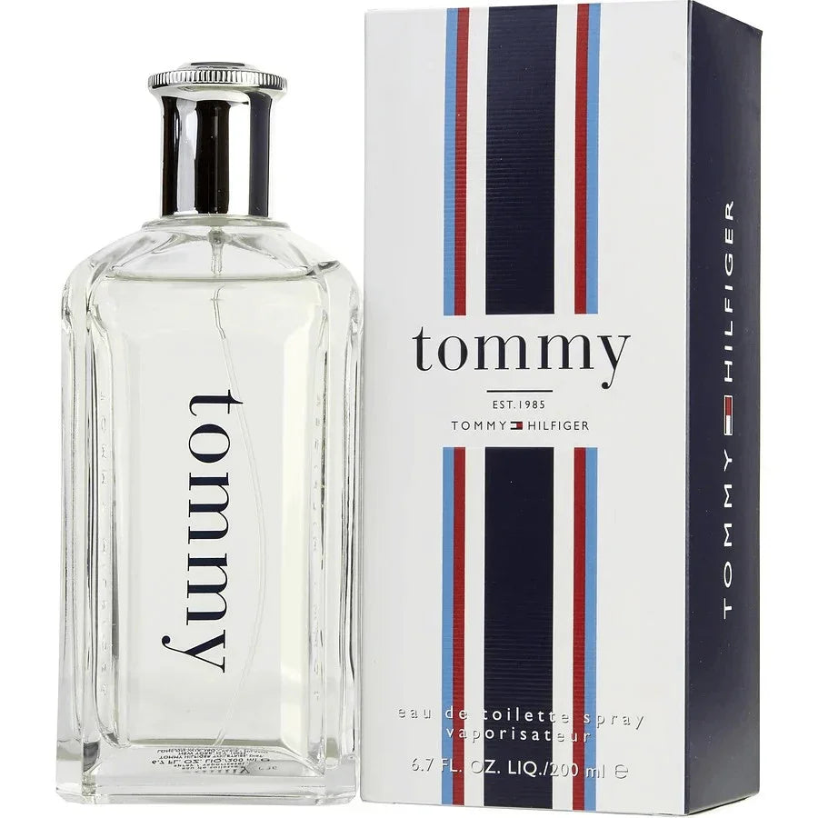 Clear tommy cologne bottle with silver cap and striped box, eau de toilette for men