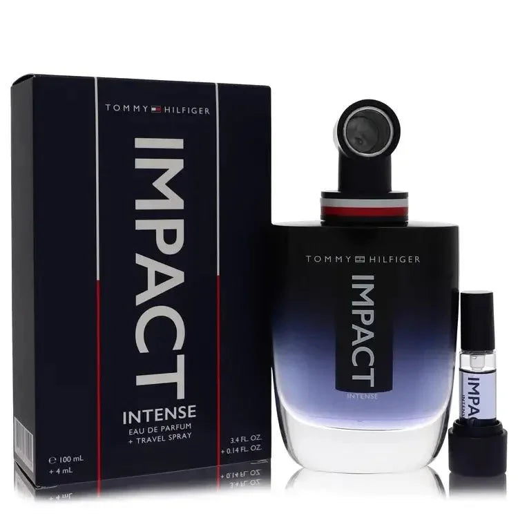 Tommy Hilfiger Impact Intense Cologne bottle — woody warm spicy men’s Eau de Parfum with red apple, elemi resin, bergamot, chestnut, amber, cardamom, labdanum, Akigalawood, cedar, and sandalwood.