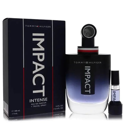 Tommy Hilfiger Impact Intense Cologne bottle — woody warm spicy men’s Eau de Parfum with red apple, elemi resin, bergamot, chestnut, amber, cardamom, labdanum, Akigalawood, cedar, and sandalwood.