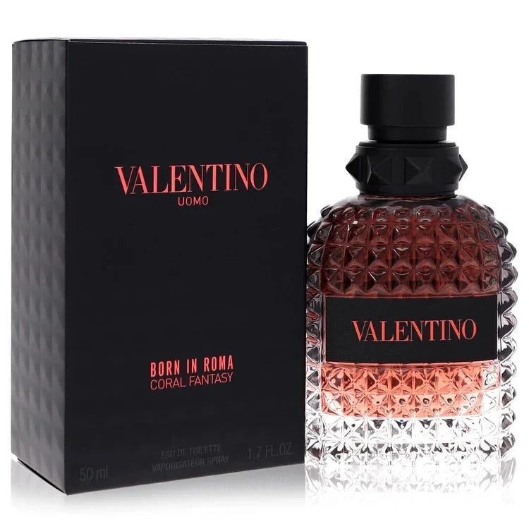 Valentino Uomo Born in Roma Coral Fantasy Cologne bottle — woody spicy fragrance with red apple, cardamom, sage, lavender, tobacco and patchouli