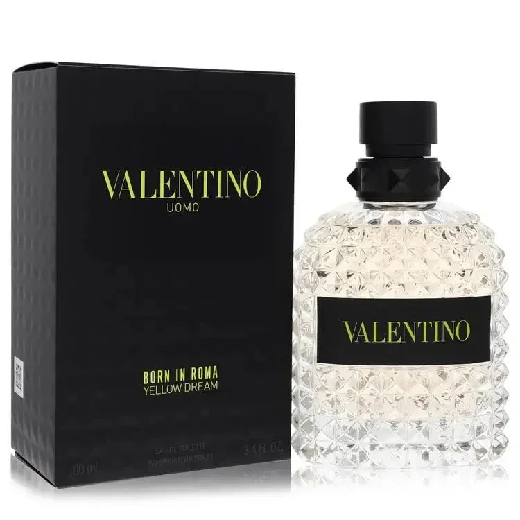 Valentino Uomo Born in Roma Yellow Dream Cologne bottle — spicy amber fragrance with Italian tangerine, Mexican lime, pineapple, ginger, gingerbread, spices, vanilla absolute and cedar essence