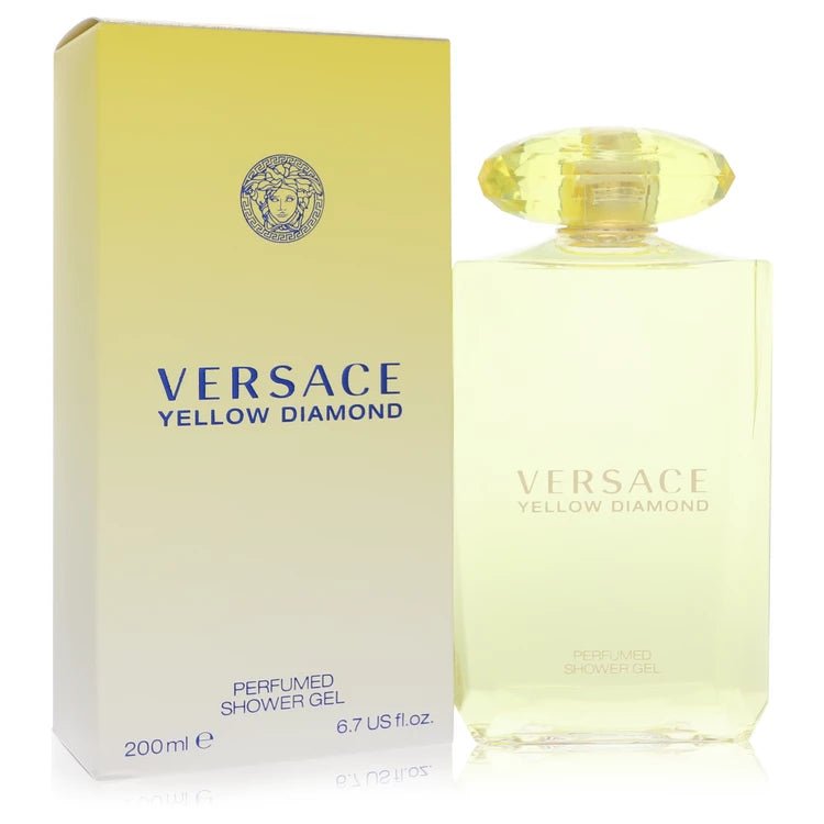 Versace Yellow Diamond PerfumeGuilty FragranceVersace Yellow Diamond shower gel bottle and packaging on a white background