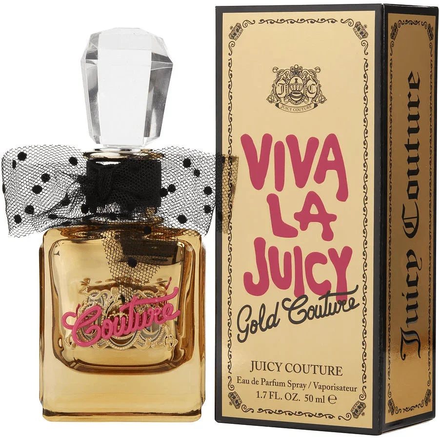 Viva La Juicy Gold Couture perfume bottle with polka dot bow and retail box, 1.7 oz size