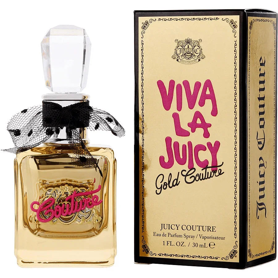 Viva La Juicy Gold Couture Perfume bottle with black polka dot bow — floral fruity gourmand women's fragrance with wild berries, gardenia, vanilla orchid, jasmine sambac, praline, caramel, and vanilla by Honorine Blanc