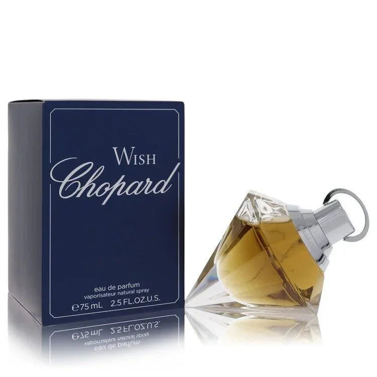 Wish Chopard Eau de Parfum spray bottle and blue packaging, 75ml fragrance for women.