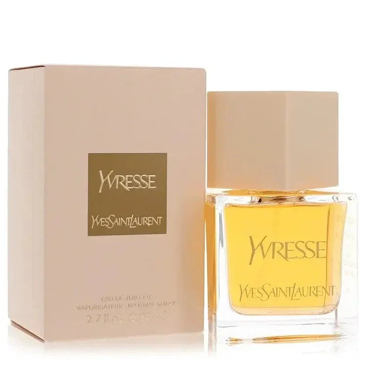 Yvresse Eau de Toilette perfume bottle and box with gold label and amber liquid