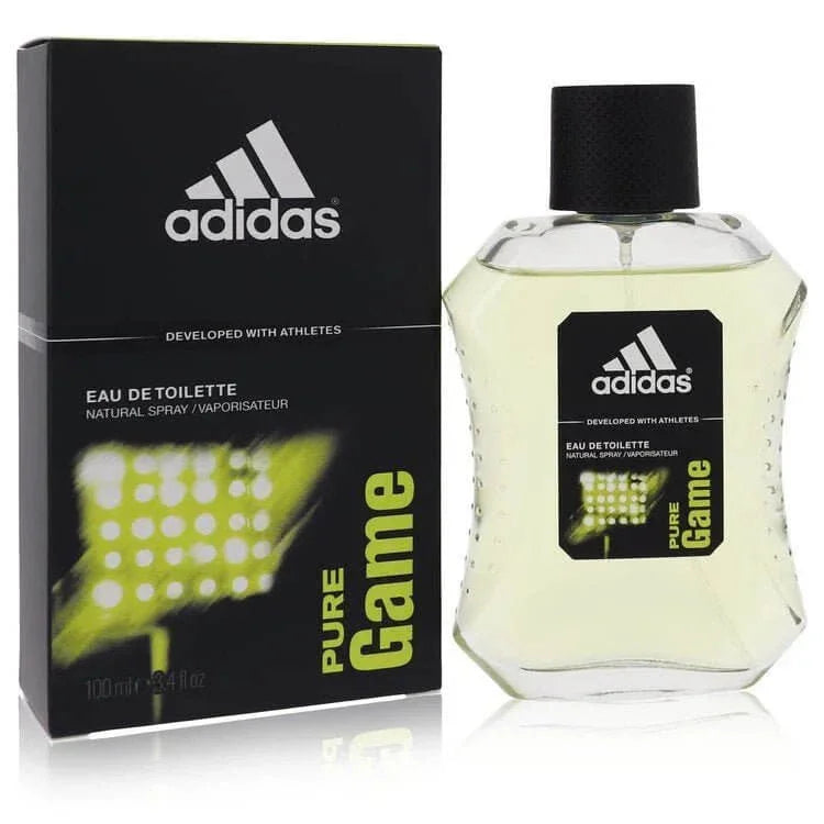 Adidas Pure Game Eau de Toilette spray for men with box and bottle, sports-themed design