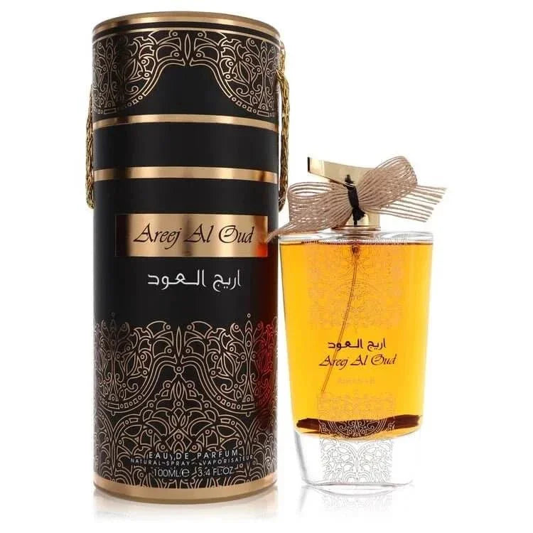 Areej Al Oud perfume bottle with gold cap and black-gold decorative packaging.