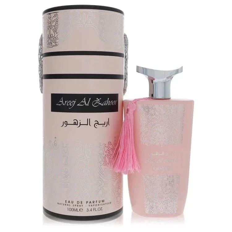 Areej Al Zahoor Eau de Parfum spray in a pink bottle with decorative box, 100ml fragrance.
