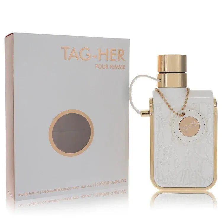 Tag-Her Pour Femme perfume spray bottle and box, white and gold, 100ml eau de parfum
