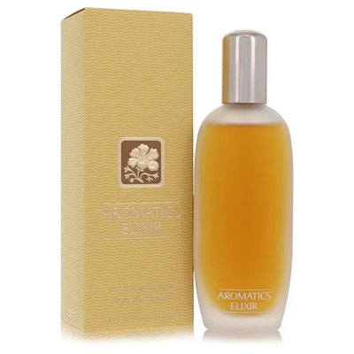 Aromatics Elixir perfume bottle with matching gold box, luxury fragrance packaging