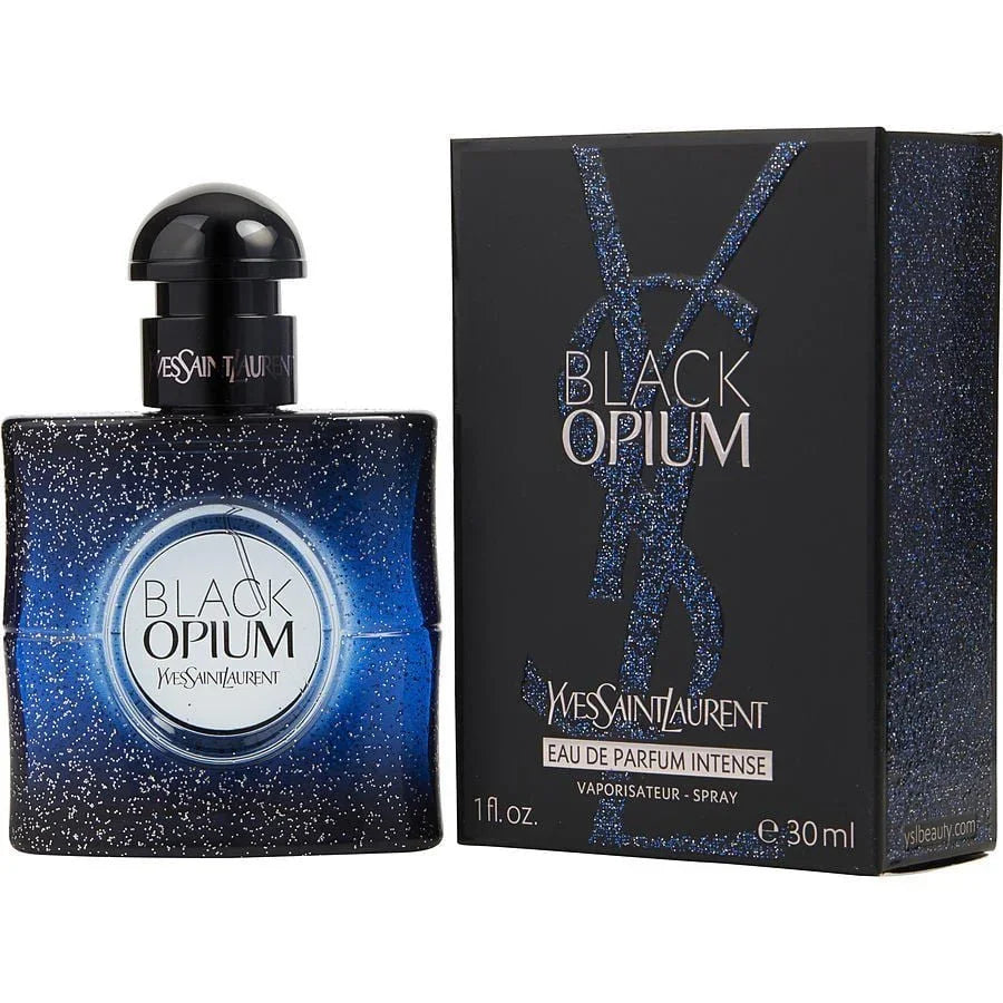 Black Opium Intense Eau de Parfum 30ml spray bottle and box with blue glitter design