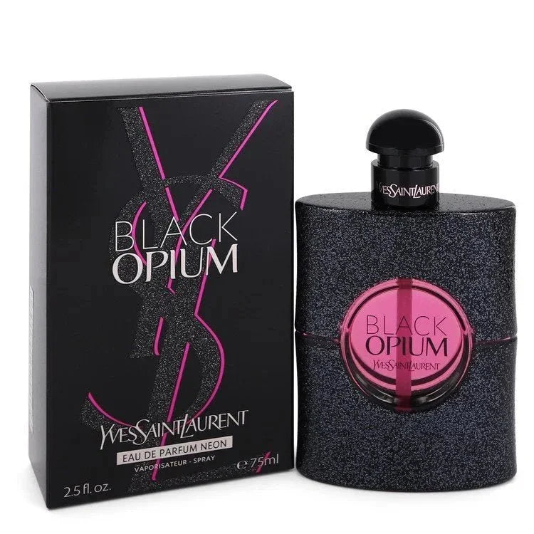 Black Opium Eau de Parfum Neon spray for women, 75ml bottle and box, glitter design