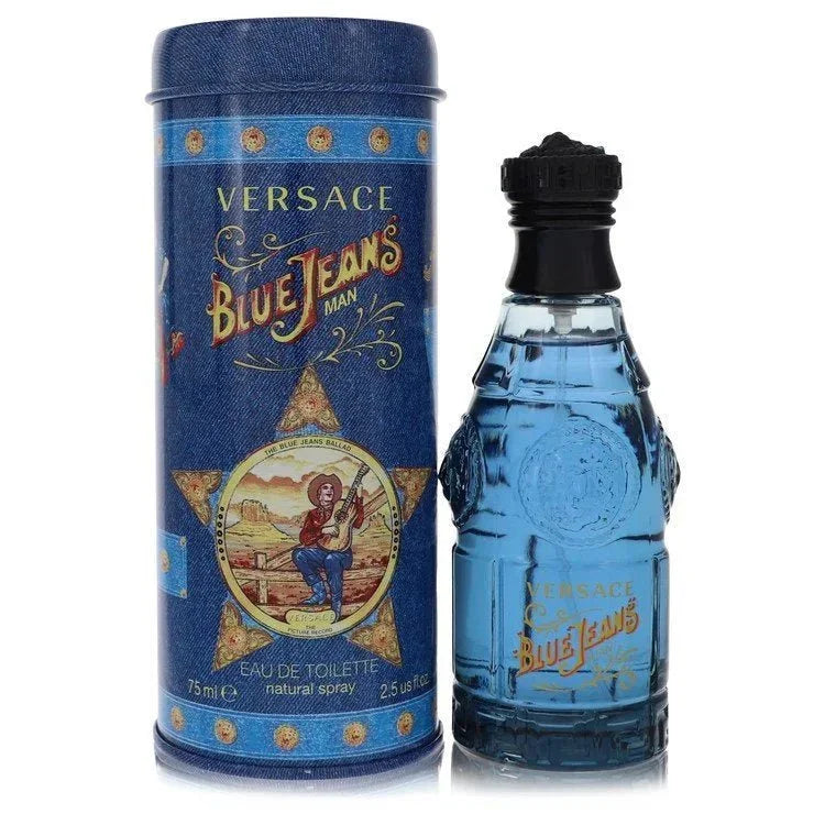 Versace Blue Jeans Man Eau de Toilette spray with blue bottle and decorative tin packaging