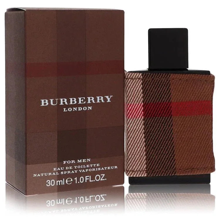 Burberry London for Men Eau de Toilette spray bottle and box, 30ml, plaid design.