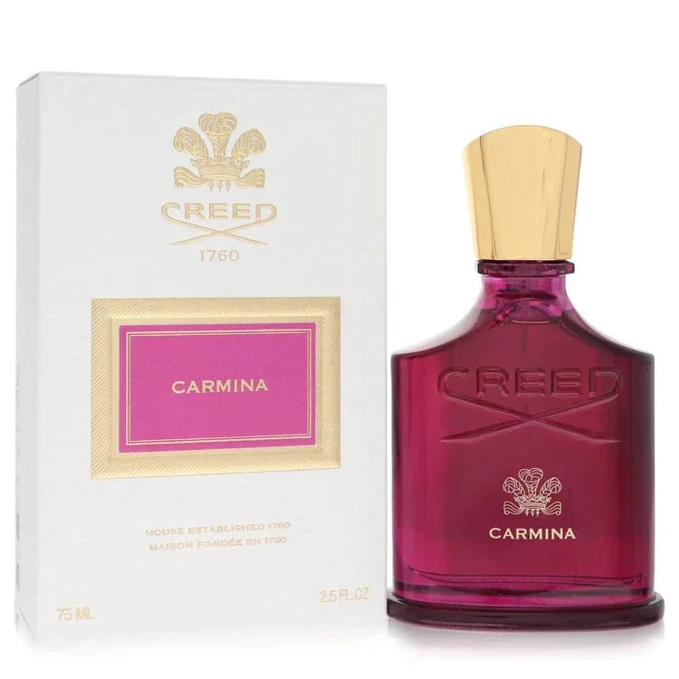 Creed Carmina Eau de Parfum spray with gold cap and matching white and pink box.