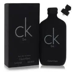 Black CK Be eau de toilette spray bottle and box with cap off, unisex fragrance 3.4 oz.