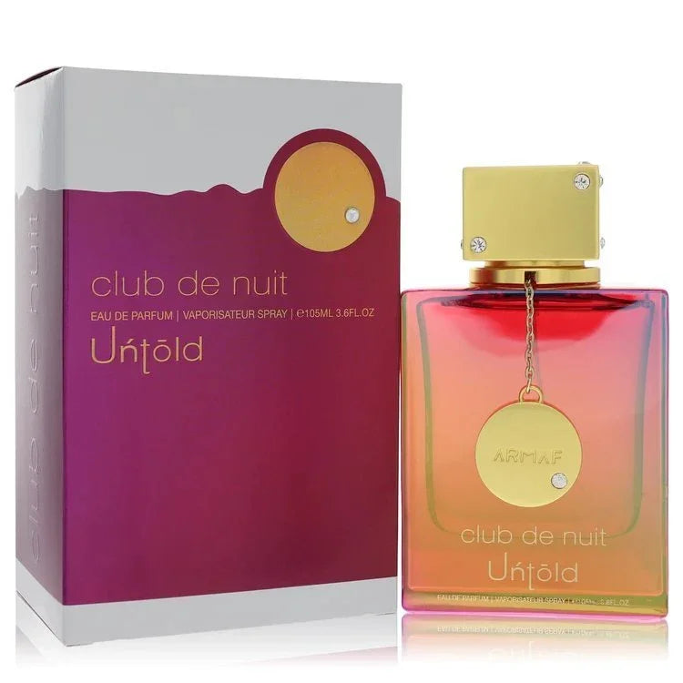 Club de Nuit Untold Eau de Parfum spray bottle and box, gradient colors, for men and women