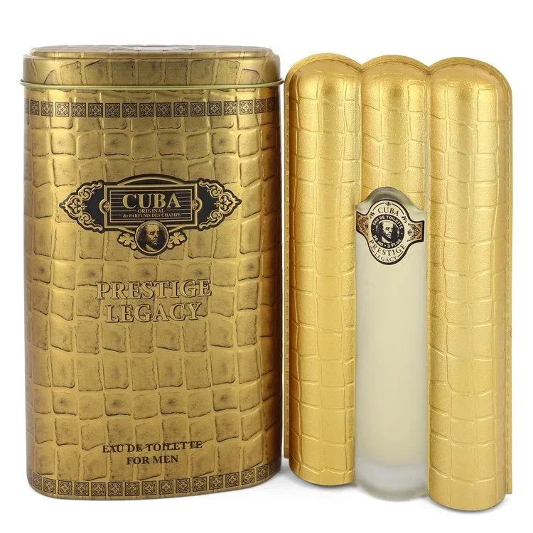 Cuba Prestige Legacy Eau de Toilette for men, gold textured packaging and bottle.