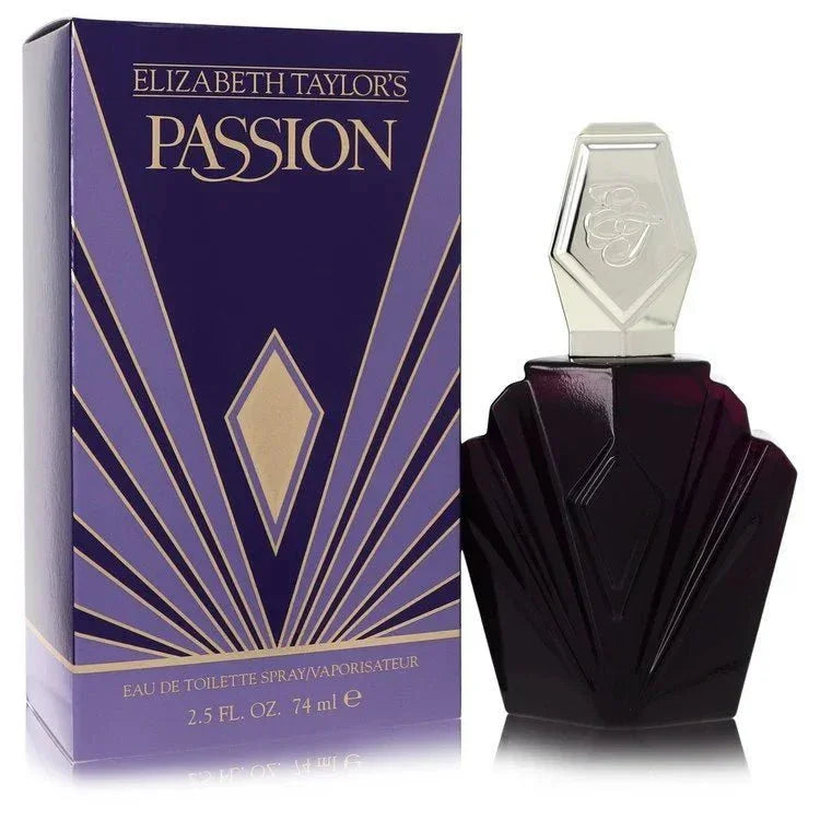 Elizabeth Taylor Passion Eau de Toilette perfume with purple box and art deco bottle, 74ml