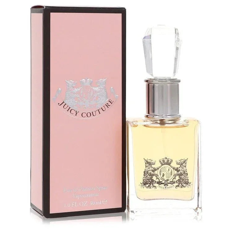 Juicy Couture Eau de Parfum spray bottle and pink box with silver crest logo
