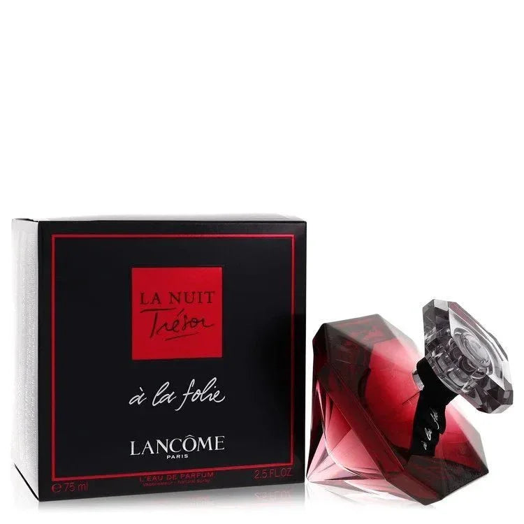 La Nuit Tresor a La Folie perfume bottle and box, diamond-shaped red glass, 75ml size