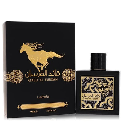 Qaed Al Fursan perfume bottle and box with gold horse design and Arabic calligraphy