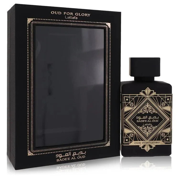 Oud For Glory Badee Al Oud perfume bottle and box with gold and black geometric design