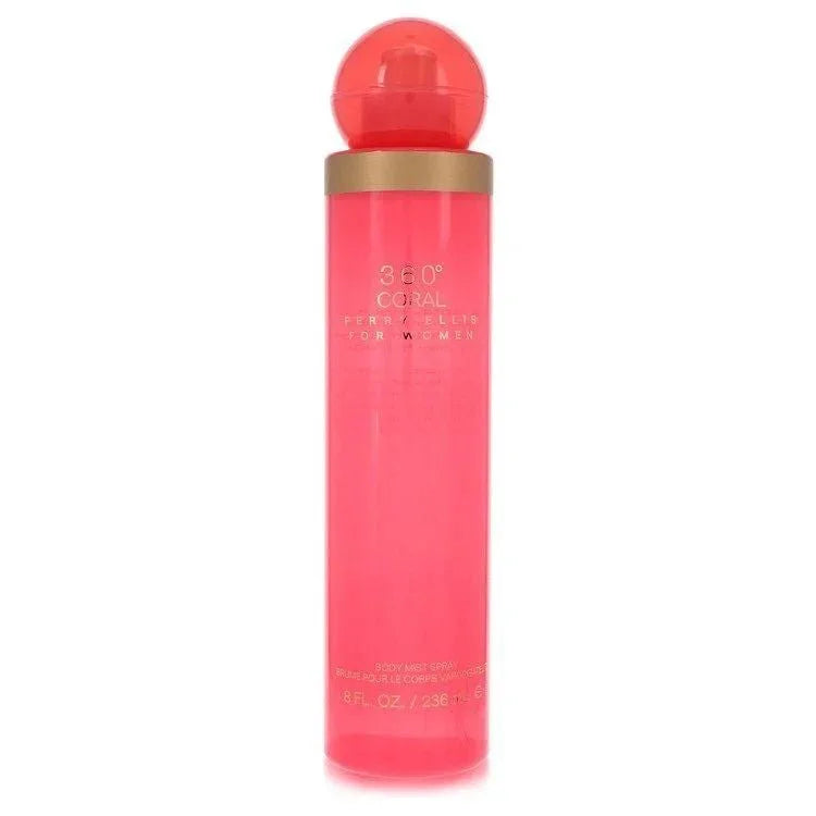 Coral pink Perry Ellis 360 Coral perfume spray bottle for women, 8 fl oz, with gold cap.
