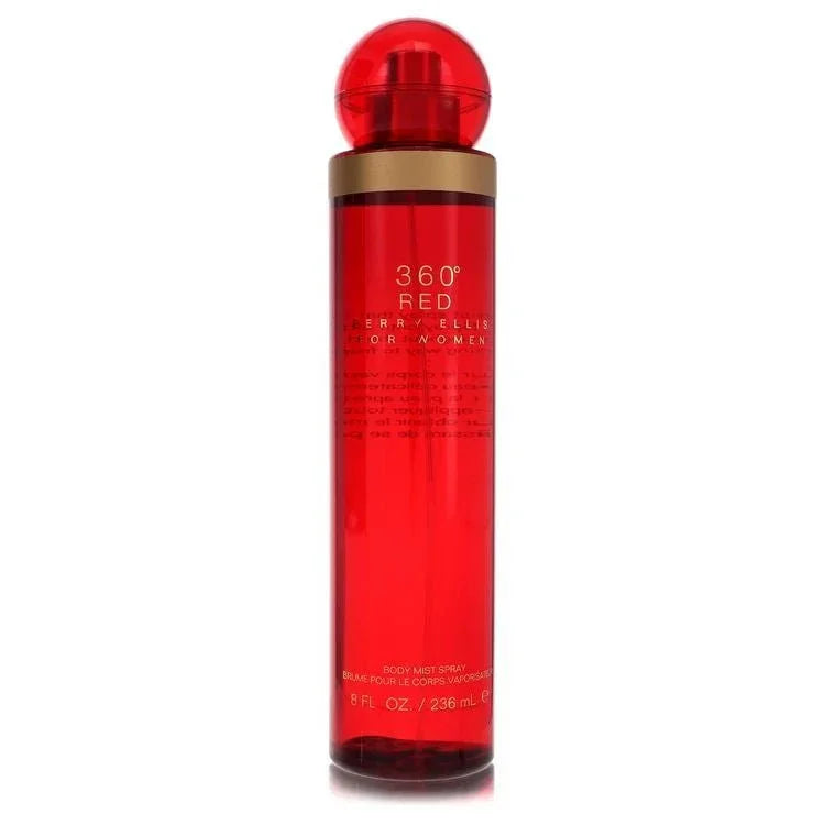 Red bottle of 360 Red perfume spray for women, tall cylindrical design, 8 oz size.
