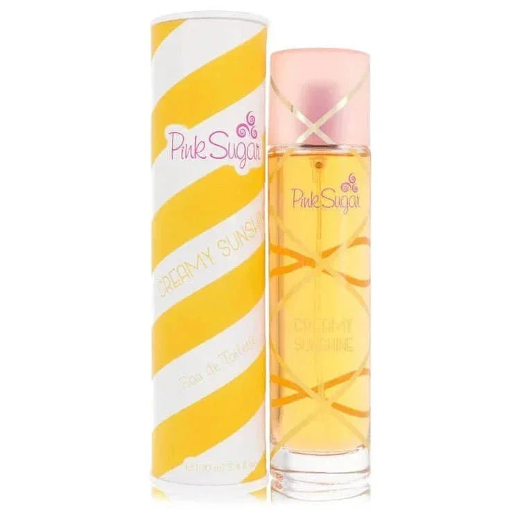 Pink Sugar Creamy Sunshine Eau de Toilette spray with yellow striped packaging and bottle