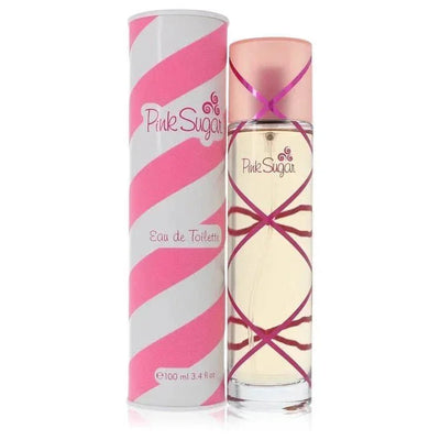Pink Sugar Eau de Toilette spray perfume for women with pink striped box and decorative bottle
