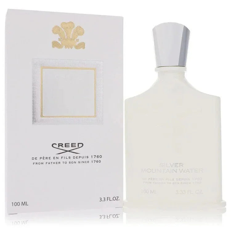 Creed Silver Mountain Water cologne 100ml bottle and box, sleek white packaging