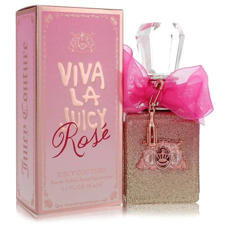 Viva La Juicy Rosé perfume bottle with pink glitter, crystal cap, and matching box