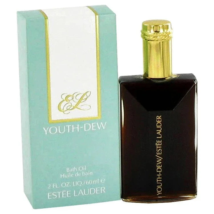 Estee Lauder Youth Dew perfume bath oil with gold cap and teal box, 60ml size