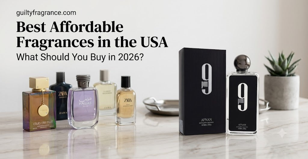 Affordable men's fragrance bottles from Armaf, Lattafa and Afnan displayed against a map of the United States, representing regional fragrance picks by climate