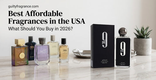 Affordable men's fragrance bottles from Armaf, Lattafa and Afnan displayed against a map of the United States, representing regional fragrance picks by climate