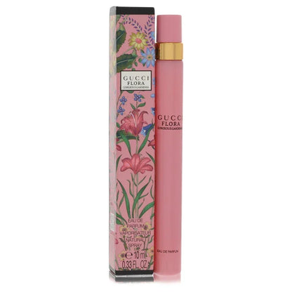 An authentic elegant pink bottle of Gucci Flora Gorgeous Gardenia Perfume featuring its iconic vintage floral pattern print presentation.